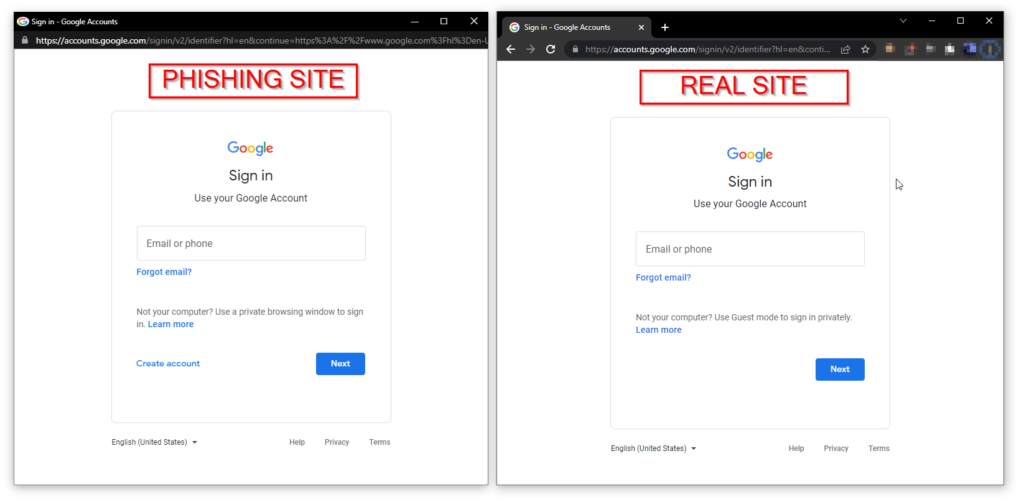 real and phishing site